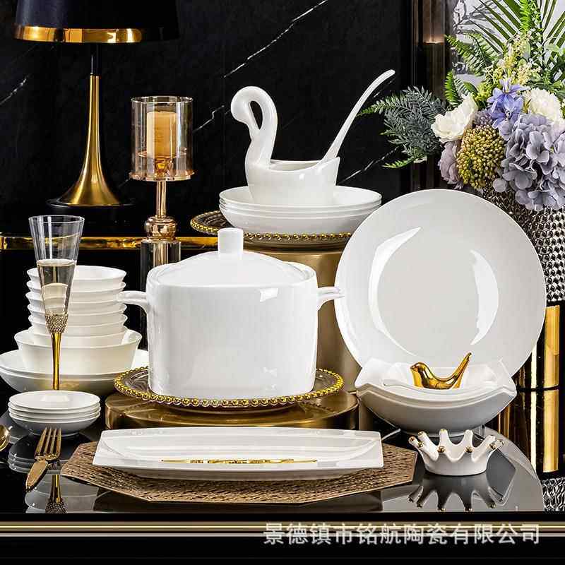 碗碟套装瓷碗景德XXW镇骨约餐具家用纯白简釉下彩盘碗筷面碗