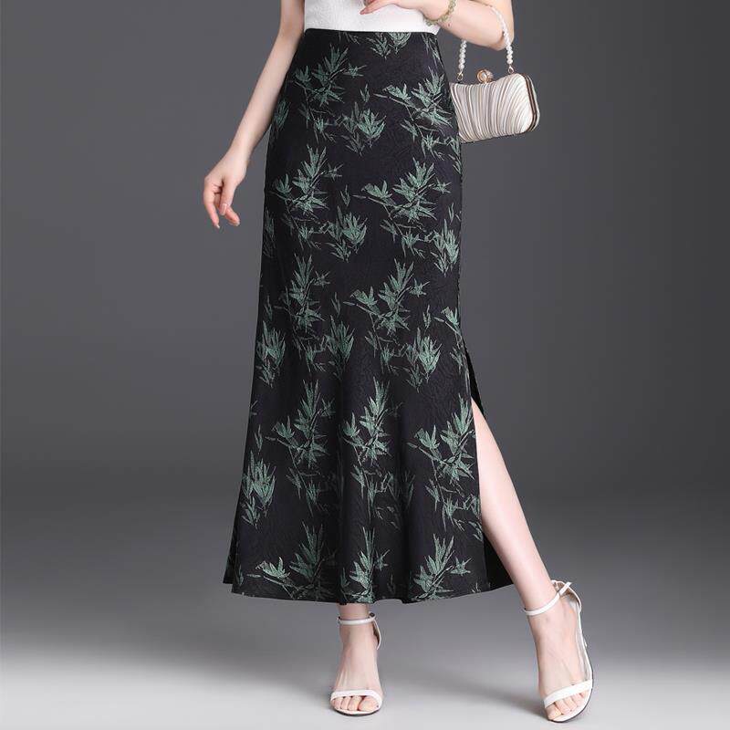 显瘦气质长裙中长款侧开叉包臀裙女夏季薄款一步裙醋酸印花半身裙