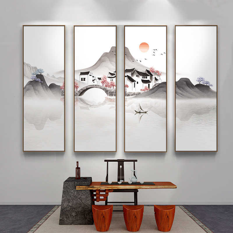 江南水墨风景山水画新中式饭店包厢餐厅桌装饰画四联组合墙面壁画