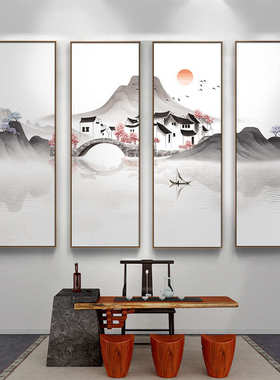 江南水墨风景山水画新中式饭店包厢餐厅桌装饰画四联组合墙面壁画