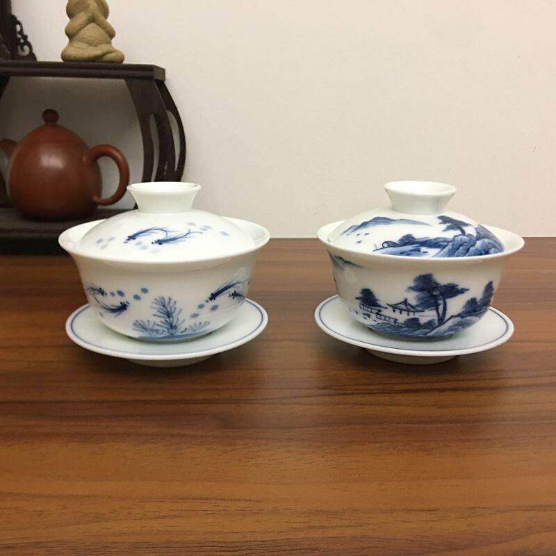 吴氏品雅手绘三才盖碗陶瓷功夫茶具荷花游鱼茶碗茶杯家用泡茶器
