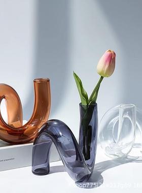 彩色异形玻璃花瓶 北欧创意ins插花水培艺术烛台摆件