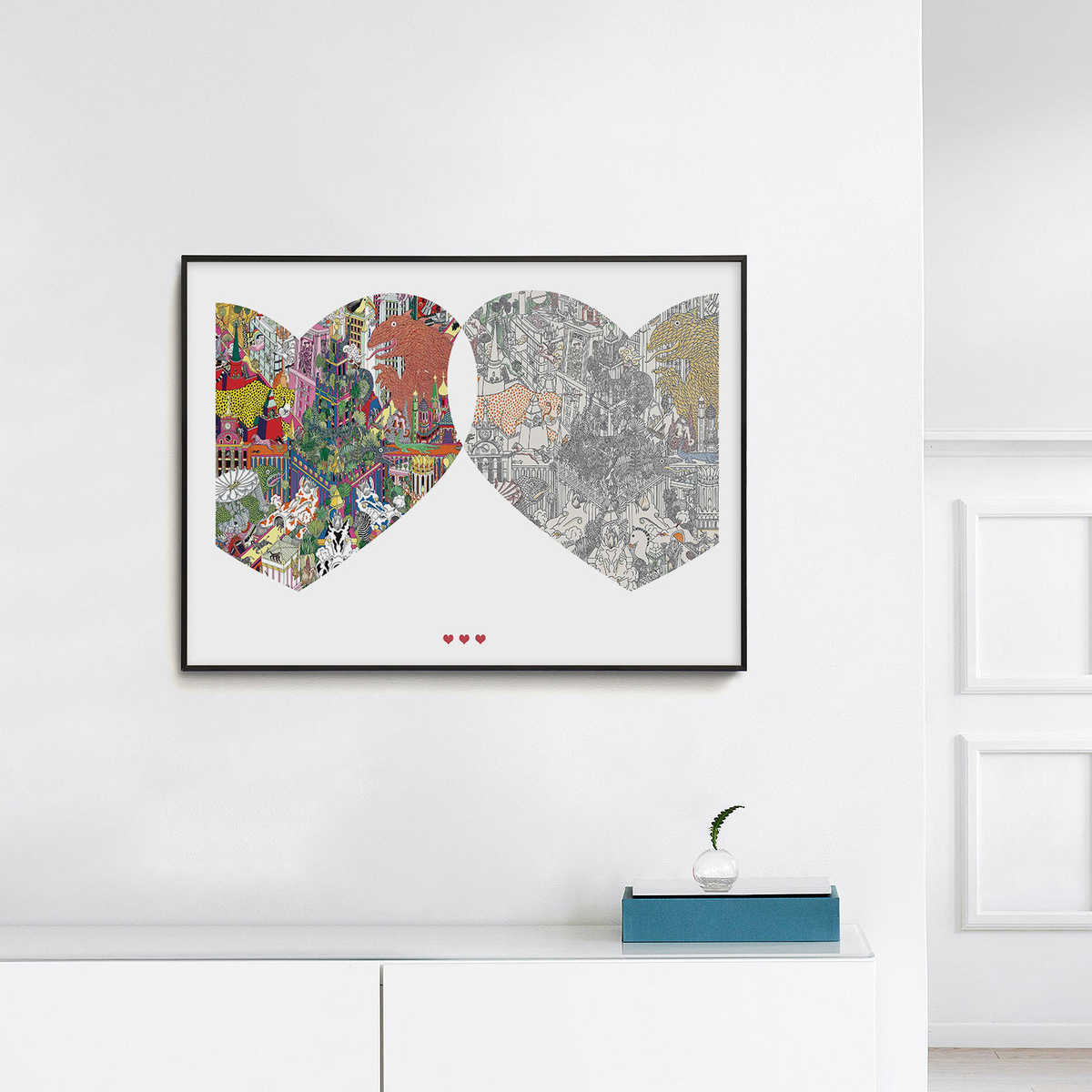 《真爱之城》双爱心色彩艺术画装饰画黑白客厅现代艺术设计师挂画