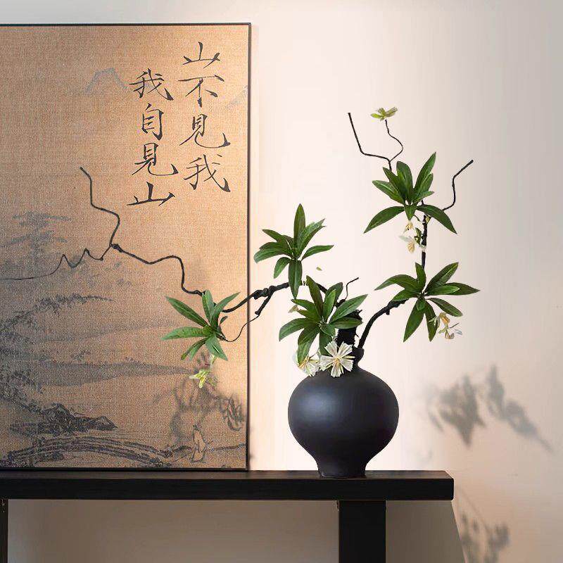 宅寂风中式黑色陶瓷花瓶摆件枯藤仿真花客厅玄关酒店餐桌名宿装饰