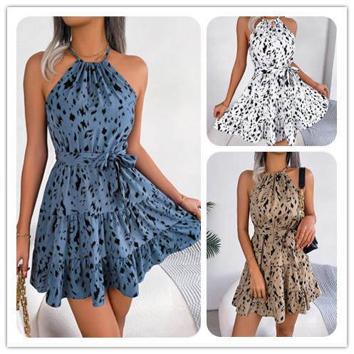 Women's sexy leopard print ruffled halter neck dress