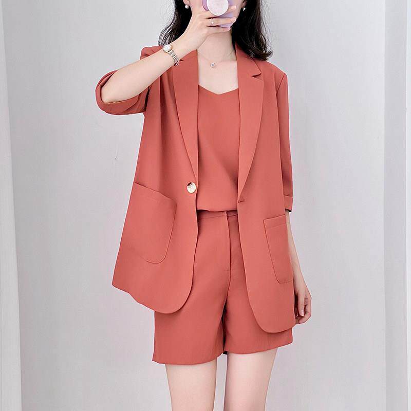 橙色西装外套女夏季薄款高级感气质小个子休闲七分袖西服短裤套装