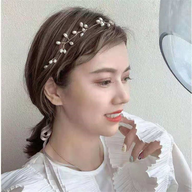 复古法式发带女绑发锁骨链两用头饰森系韩国仙美网红珍珠飘带发箍