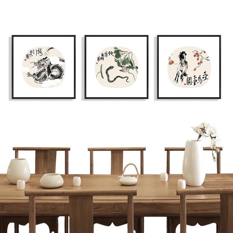 十二生肖装饰画鼠牛虎兔龙蛇马羊鸡挂画新中式客厅餐厅禅意壁画方图片