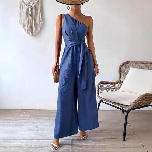 Womens Solid Color Wide Leg Jumpsuit Casual One Shoulder
