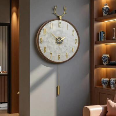 轻奢实木贝法式简约家用01挂静钟客厅卧室挂墙音时时尚壳石钟英钟