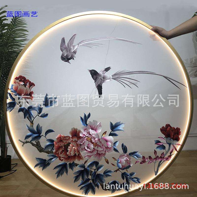 圆形发光框双面苏湘机器刺绣半透明纱布画心屏风隔断玄关宝贵牡丹