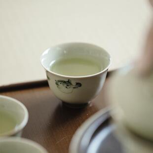 束刻 觅青釉手绘一团和气凡灵茶杯 手工薄胎品茗杯 潮汕功夫小杯