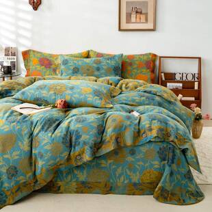 床上双层纱四件套a类全棉纯棉结婚用品裸睡秋冬床单四季 简约被套