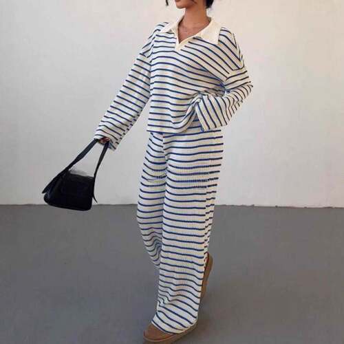 Women's Striped Collar Knit Loose Long Sleeve Top & Casual