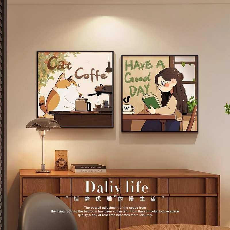 中古风卡通创意餐厅装饰画客厅沙发背景墙挂画男女孩房卧室壁画,家居饰品,现代装饰画,淘宝优惠券,粉丝福利购,淘宝优惠卷