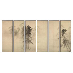 中式装饰画酒店大堂挂画原木色松柏六联画禅意茶室会所民宿风景画
