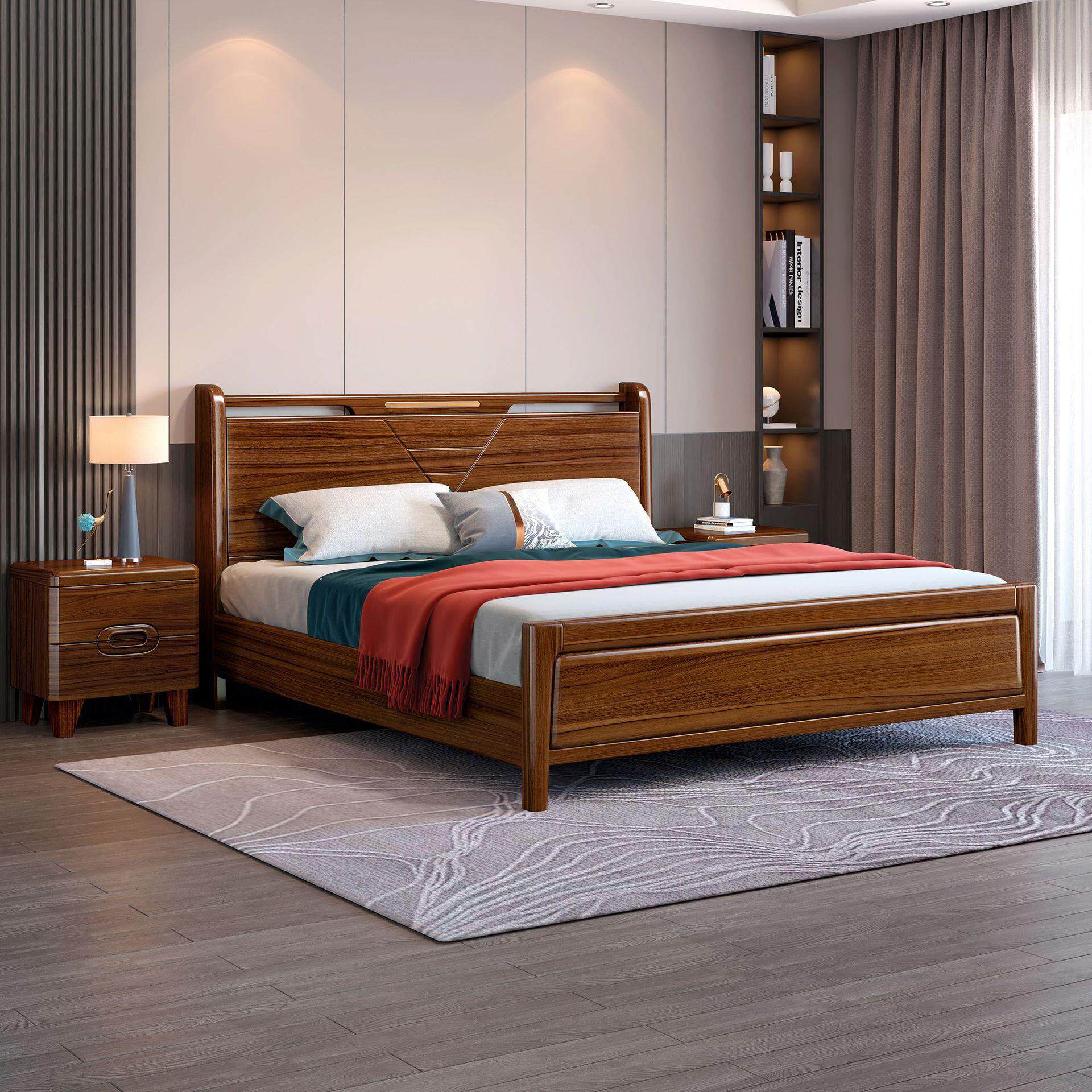 新中式乌金木实木床1.8m双人床简约1.5m高箱储物家具高档实木婚床