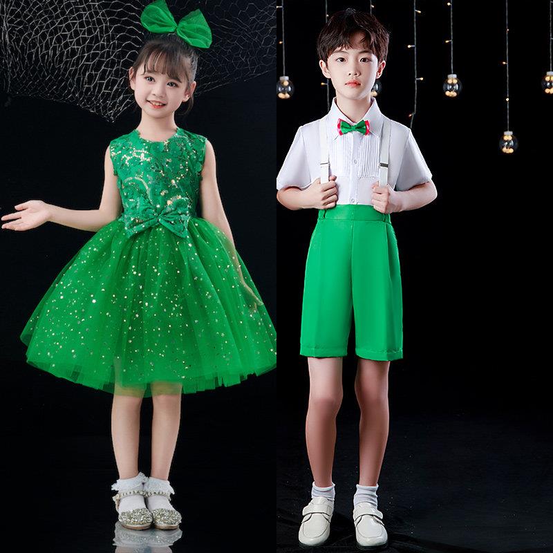 春天花会开儿童绿色演出服环保舞蹈服女蓬蓬裙小草春晓幼儿合唱服