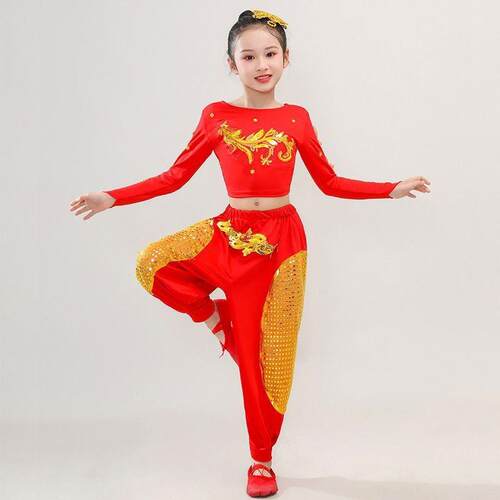 正品蹈儿童少年童志古典舞服装台舞服红色女打鼓服中小学生扇子表