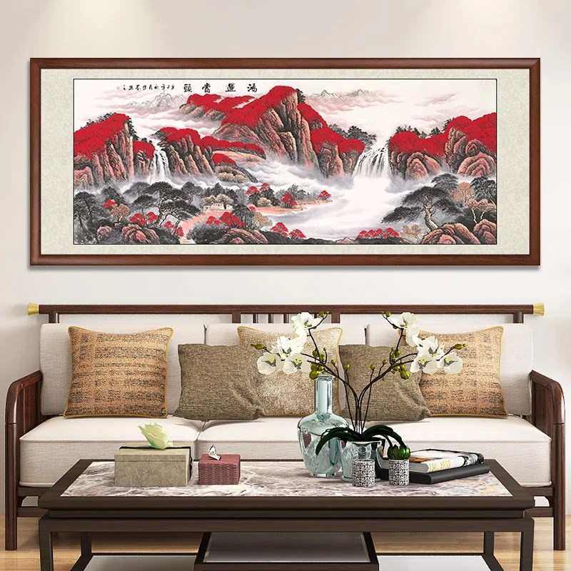 中式绫客厅挂画山水画装裱国画装饰画沙发布壁画宣纸办公室背景墙
