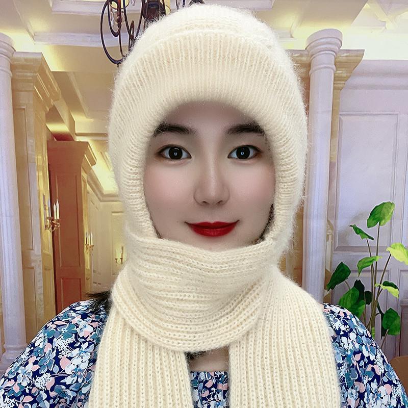 帽子女秋冬季帽子围巾一体松鼠绒风雪帽加绒毛线帽护耳针织帽韩系