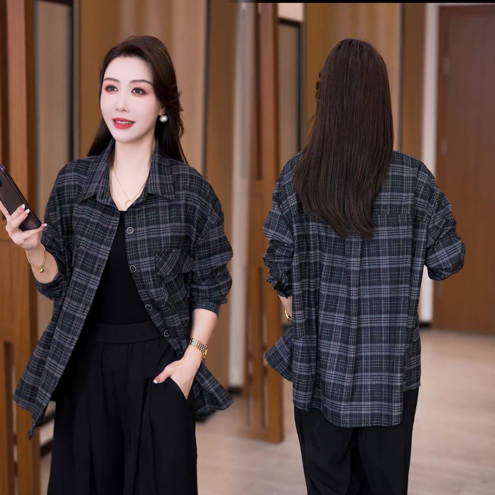 极速时尚休闲格子衬衫女秋季新款宽松显瘦洋气衬衣巨好看百搭长袖