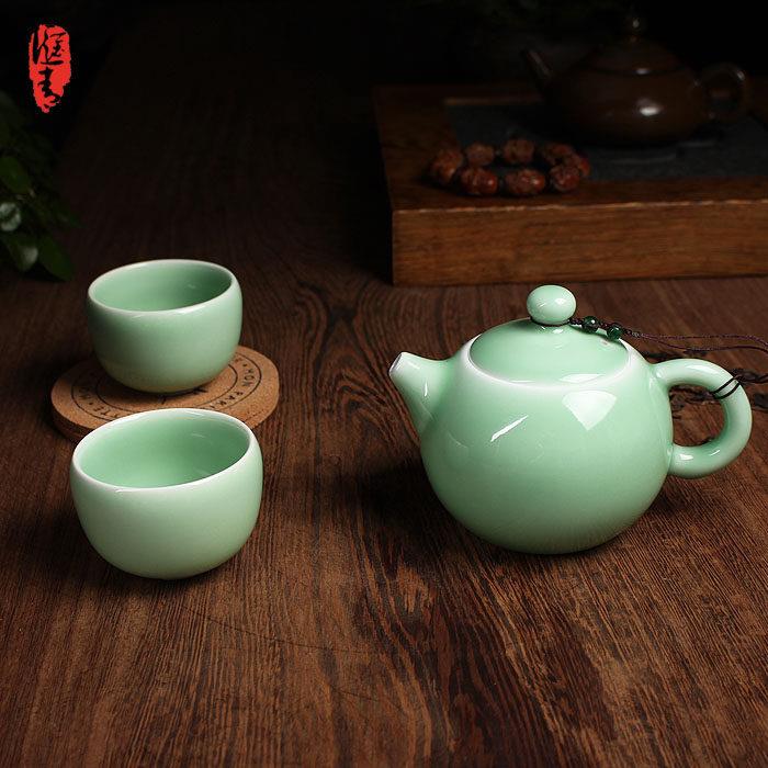 陶瓷功夫茶具 一壶两杯 套装龙泉市青瓷哥窑开片手工过滤茶壶茶杯