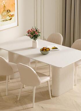 法式奶油风岩板餐桌家用小户型简约纯白餐桌椅组合长方形吃饭桌子