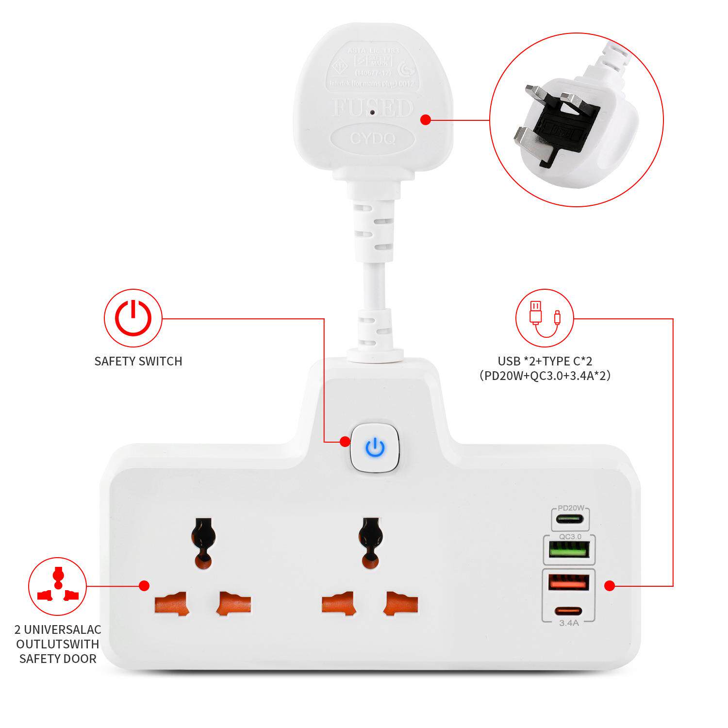 新款壁插总控转换器万能孔多国插头2孔4USB支持快充PD20W&QC3.0