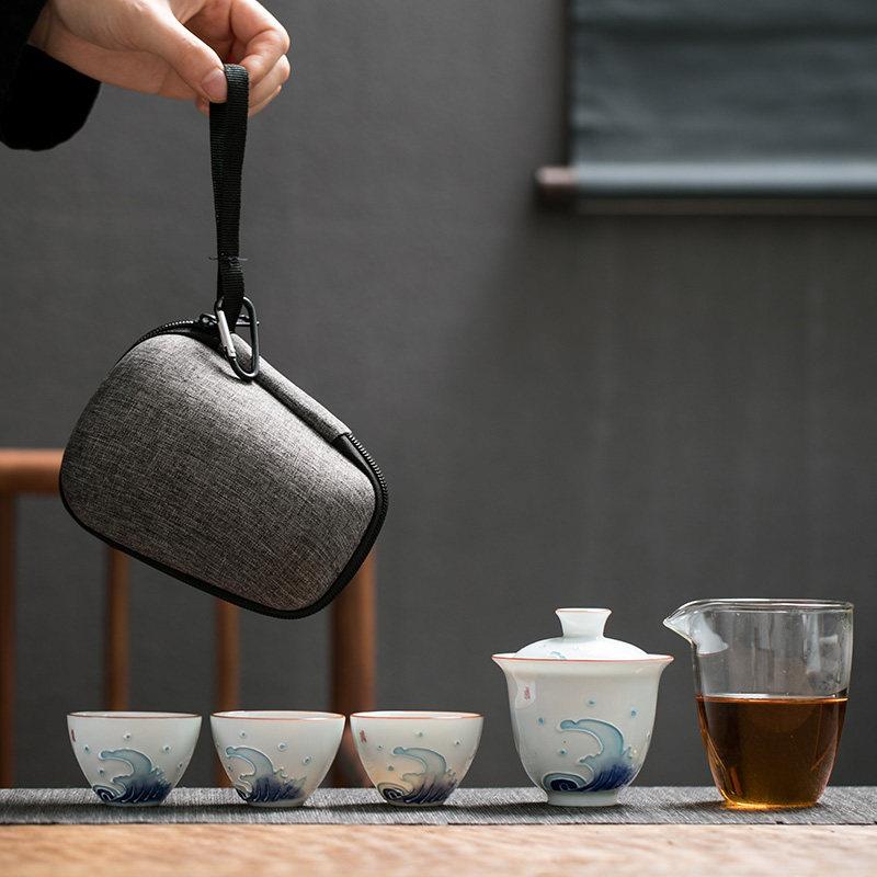 手绘旅行快客杯功夫茶具可携式小套装一壶三杯户外车载陶瓷泡茶器