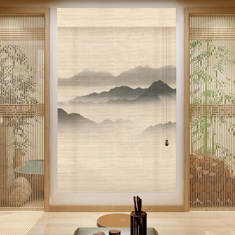 竹帘卷帘窗帘定制印花隔断装饰阳台遮光中式茶室民宿饭厅升降山水