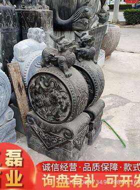 石雕门墩抱鼓石一对家用门口石狮子麒麟貔貅青石仿古做旧石鼓石墩
