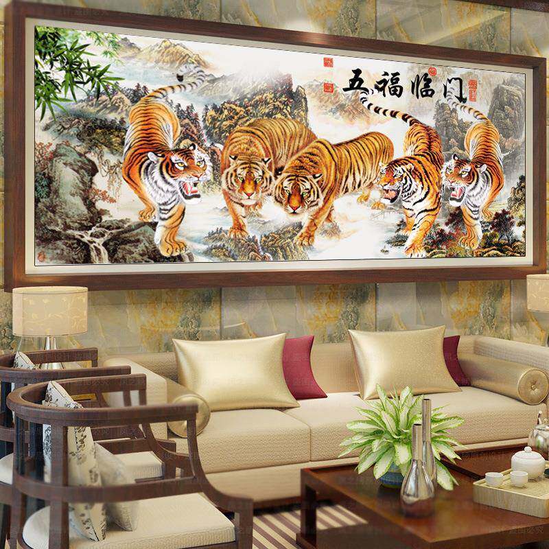新款直销钻石画5D满钻五虎临门客厅全贴钻石十字绣五虎图山水画风