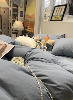 新款ins水洗棉蓝色日简约床四件套棉纯棉被套式上1.5m床三件全套1