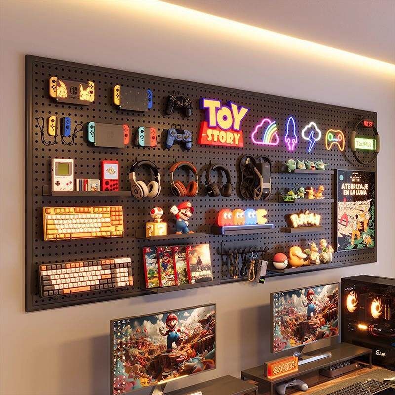 电竞房洞洞板黑色金属墙面上置物架房间装饰电脑桌面挂板展示整板