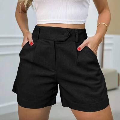 Women's High-Waist Belt-Loop Button Side-Slit Solid Shorts