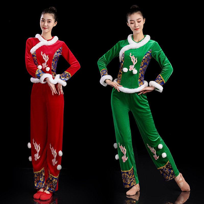 秋冬新款金丝绒服装保暖秧歌服女装4手绢舞打鼓演出服装绿色红色