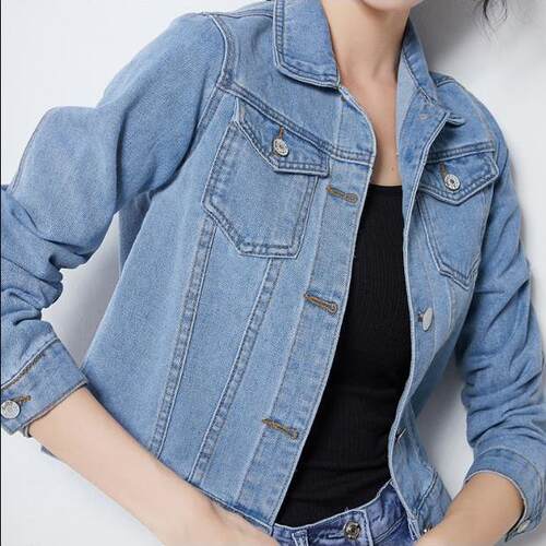 Blue short denim jacket, student jacket, denim shirt, long