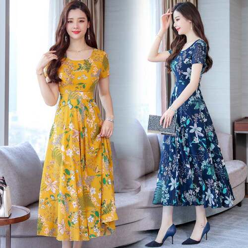 Dress sleeves look slim, high waisted, round neck printed