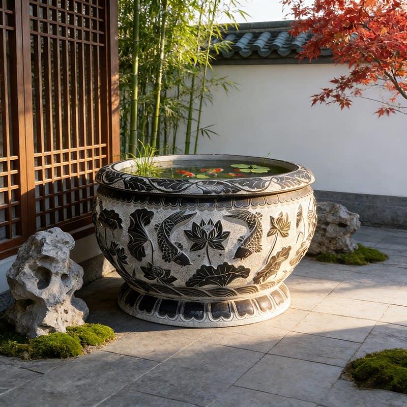 石雕鱼缸花盆天然青石荷花缸养鱼石头缸庭院造景水缸招财仿古门海