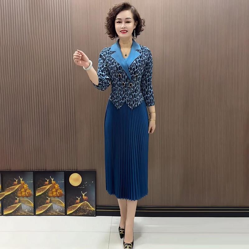 新品春秋新款时尚西服领豹纹百褶连衣裙气质名媛女士裙子修身显瘦