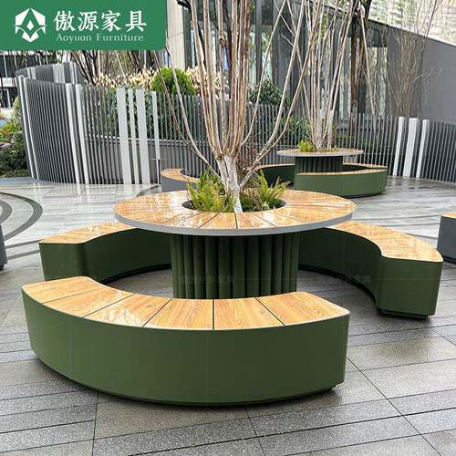 户外花箱坐凳组合可移动景观种植箱不锈钢公园椅户外实木长凳圆形