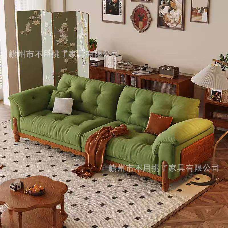 法式复古风绿色云感绒布艺沙发中古客厅实木云朵油蜡皮沙发2026