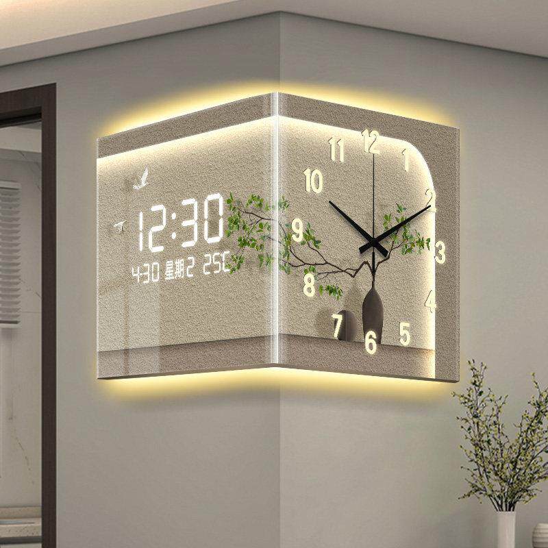 绿植转角时钟挂墙免打孔自动对时挂钟客厅创意高级感壁灯电子钟表