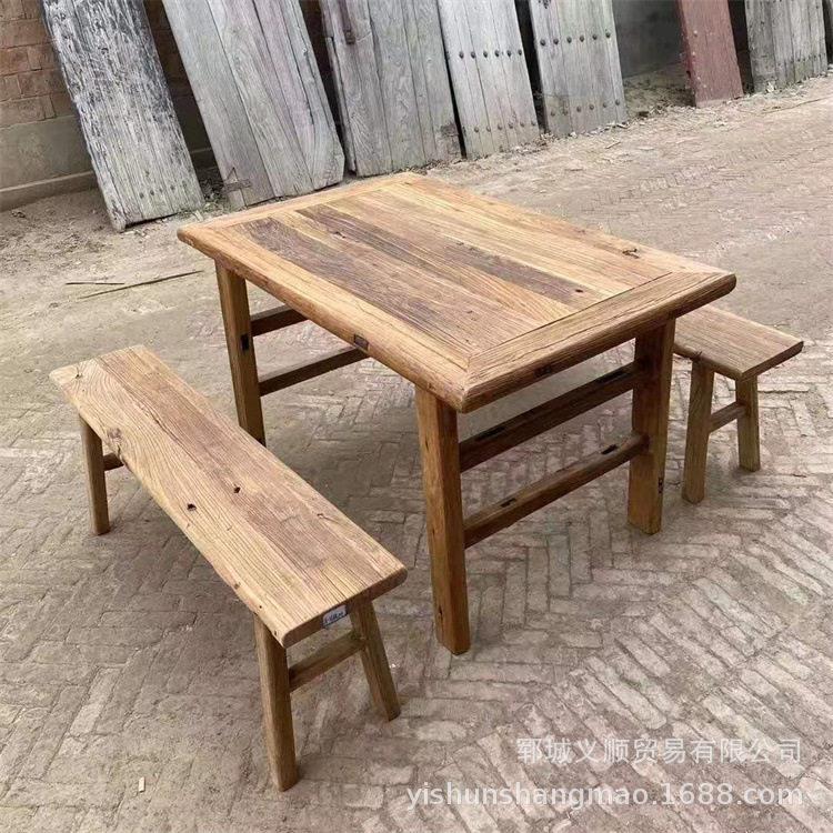 老榆木门板桌实木桌桌子风化餐桌茶桌长条凳餐厅宴会桌椅庭院饭桌