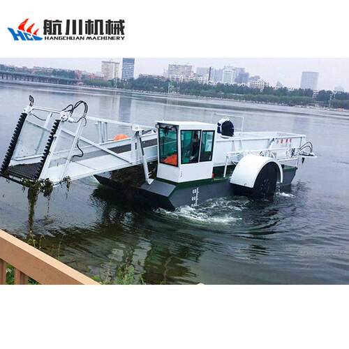 市政环卫小型河道水草收割机明轮驱动水浮莲垃圾打捞船水上保洁