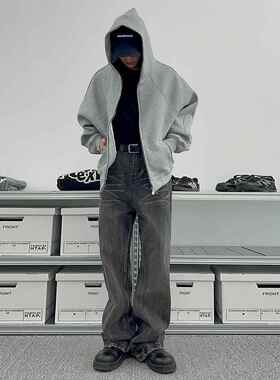 TNMK美式重磅500G灰色开衫卫衣男女纯色落肩袖连帽短款宽松外套潮