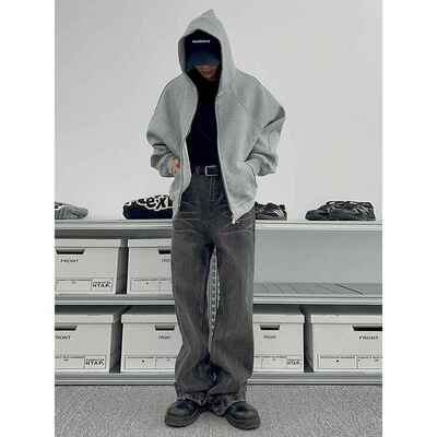 TNMK美式重磅500G灰色开衫卫衣男女纯色落肩袖连帽短款宽松外套潮