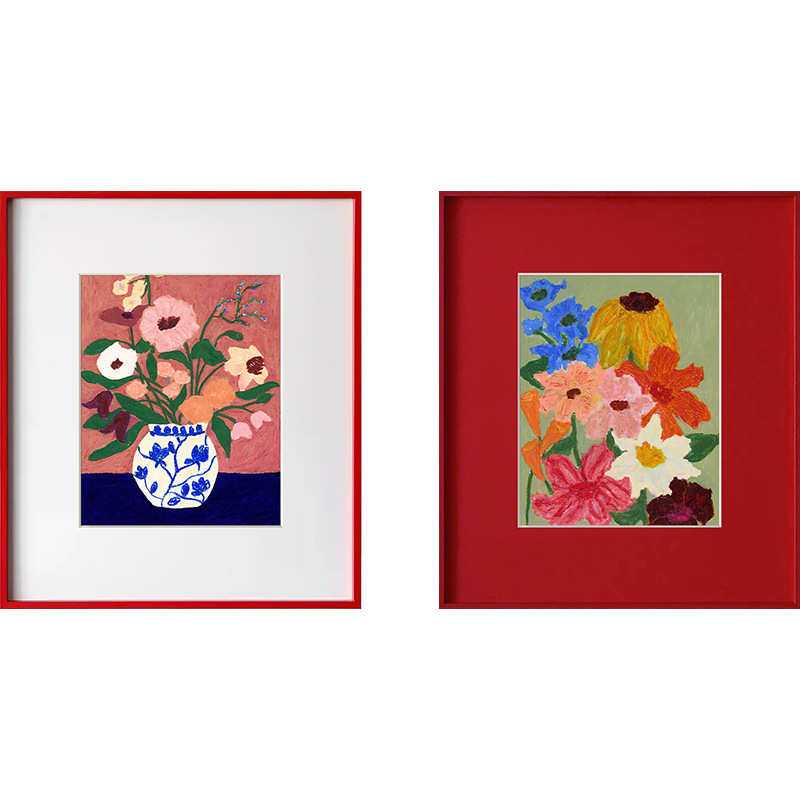 中古风红色花卉客厅装饰画法式复古卧室挂画北欧简约玄关画