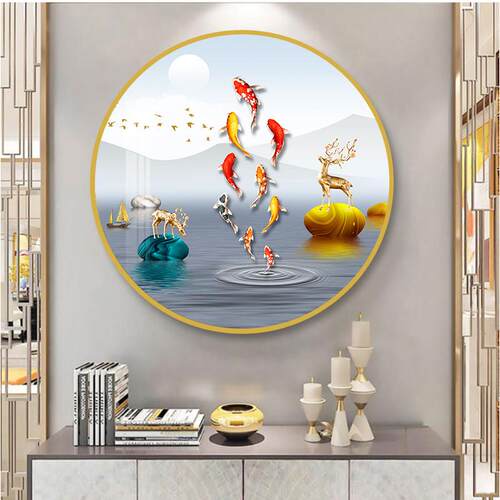 发财鹿招财入户玄关装饰画圆形现代客厅餐厅墙壁画走廊过道挂画